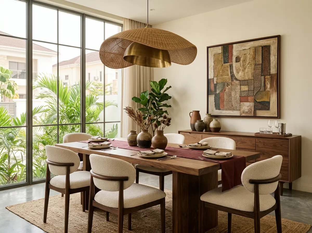A dining room with a solid wood table, cream upholstered chairs and a woven pendant light