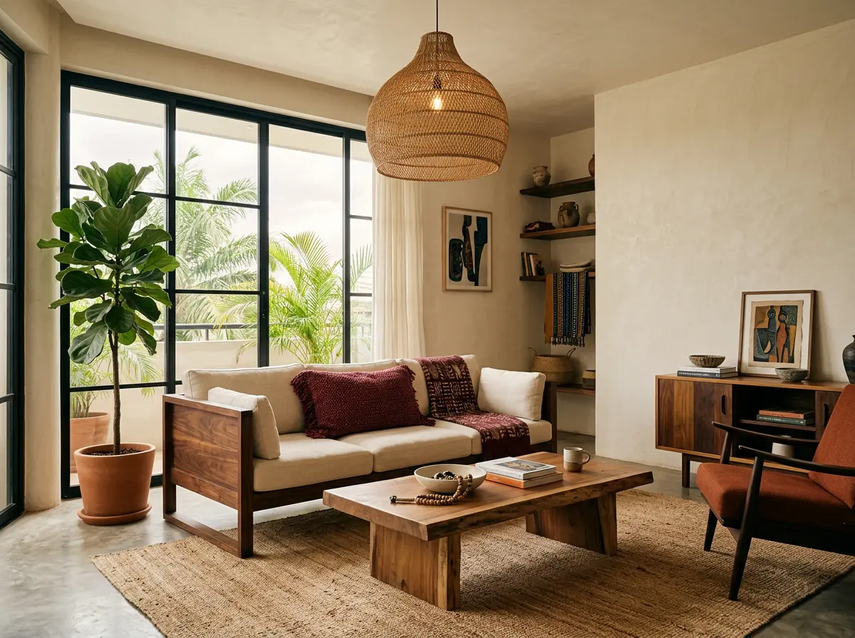 A living room with a wood-framed sofa, maroon cushions and a solid wood coffee table