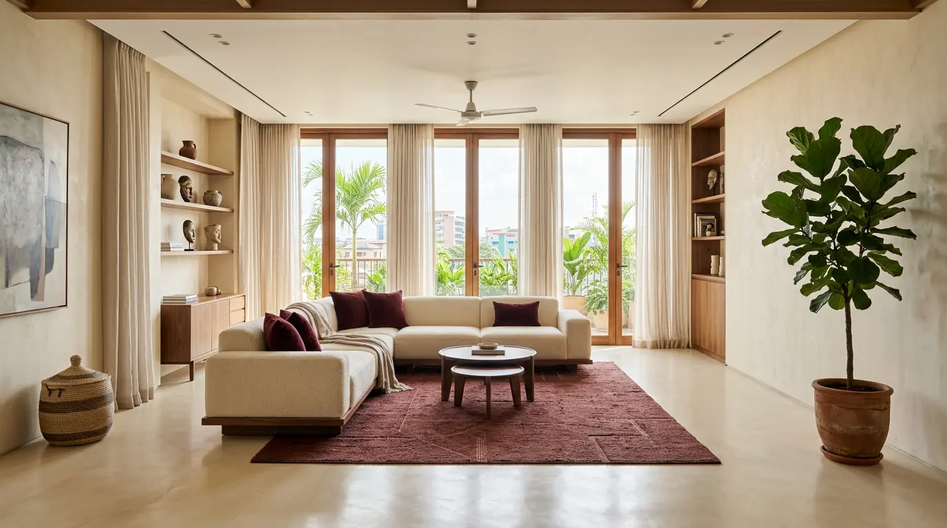 A bright Lagos living room with a cream sofa, maroon cushions and solid wood shelving